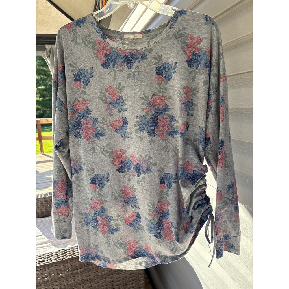 Maurices Gray Floral Long Sleeve Top Side Cinch Crew Neck Sweatshirt Size 0